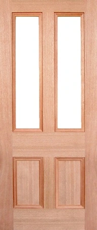 GD-4VP1 is a natural timber door with 2 glass panels in-between 3 vertical timber panels on top two thirds of door, 2 decorative channels on bottom third of door and Victorian moulding around glass and decorative channels