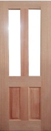 GD-D10 is a natural timber door with 2 glass panels in-between 3 vertical timber panels on top two thirds of door and 2 decorative channels on bottom third of door