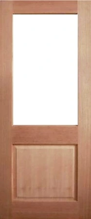 GD-D9 is a natural timber door with a large glass panel in top two thirds of door and 1 decorative channel on bottom third of door