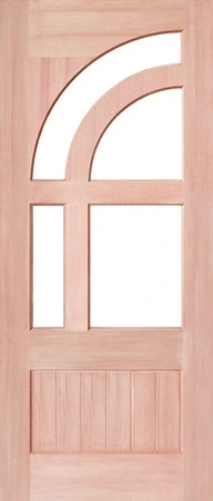 GD-FINDOR is a natural timber door with 2 half arc glass panels above 2 rectangle glass panels in between 1 horizontal timber panel and 1 vertical timber panel