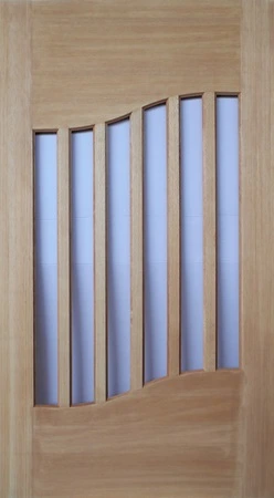 GD-HARP is a natural timber door with 6 vertical glass panels in between 7 vertical timber panels that look like a harp design