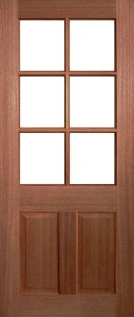 GD-6L is a natural timber French door with 6 square glass panels in-between thin timber panels located in the top two thirds of door. The bottom third of door has 2 decorative channels evenly spaced vertically
