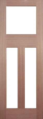 GD-BL3G is a natural timber door with 1 glass at top of door and 2 glass panels in between 3 vertical timber panels on bottom of door