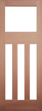 GD-BL4G is a natural timber door with 1 glass at top of door and 3 glass panels in between 4 vertical timber panels on bottom of door