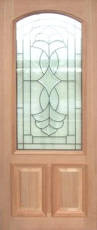 GD-D2 is a natural timber door in a traditional style with a semi arch shape lead light glass in top two thirds of door and heavy moulding