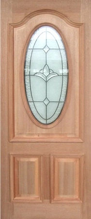 GD-D3 is a natural timber door in a traditional style with an oval lead light glass in top two thirds of door and heavy moulding
