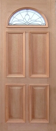 GD-FAN is a natural timber door in a traditional style with a half circle lead light glass in the top quarter of door and heavy moulding