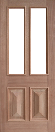 GD-TD5 is a natural timber door with 2 vertical glass panels in top two thirds of door and 2 decorative cricket bat mouldings in the bottom third of door