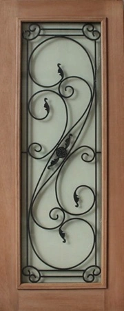 GD-WR1 is a natural timber door with a wrought iron curly design in the middle and clear toughened glass on both sides