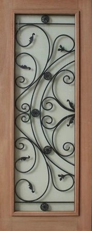 GD-WR2 is a natural timber door with a wrought iron arc design in the middle and clear toughened glass on both sides