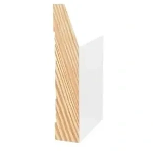 A prime coated timber half splayed architrave or skirting board shown on an angle