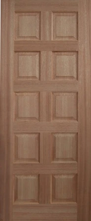 SP-10P is a natural timber door with 10 decorative channels, 2 in first fifth of door, 2 in second fifth of door, 2 in third fifth of door, 2 in fourth fifth of door, and 2 in bottom fifth of door.