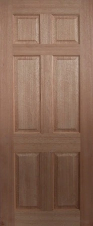 SP-6P is a natural timber door with 6 decorative channels, 2 in top fifth of door, 2 in middle two fifths of door, and 2 in bottom two fifths of door.