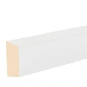 A prime coated timber single bevelled architrave or skirting board shown on an angle