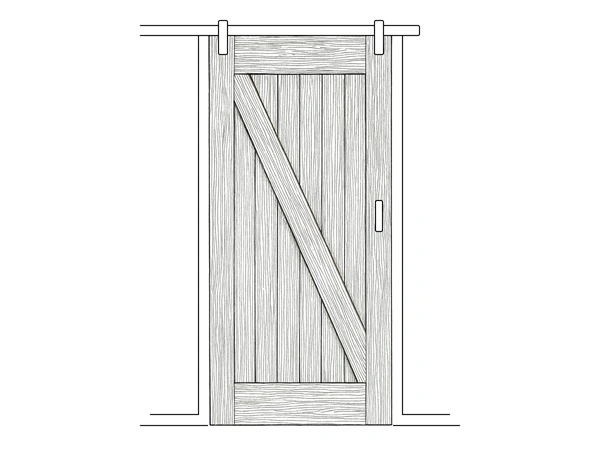 Line art illustration of a timber barn door on rails