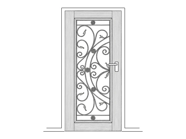 Line art illustration of a wrought iron and timber door
