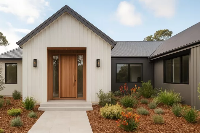 Mid-century modern farmhouse-style house exterior with a custom-made vertical panel timber front door