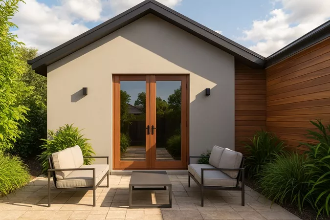 Modern Australian house exterior with double French doors