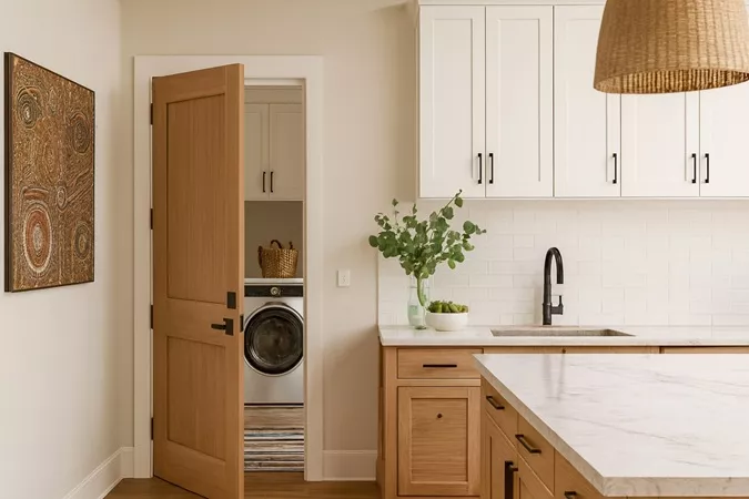 Modern Australian kitchen with a shaker-style timber internal door opening up to a laundry