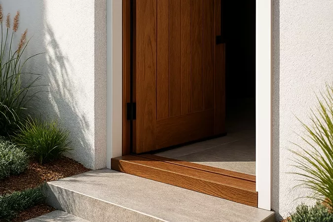 A timber back door opened to show the door frame